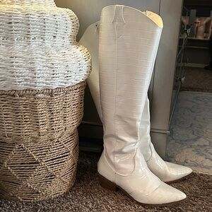 White Croc-Embossed Cowgirl Boots